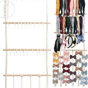 MoHern Headband Bow Holder Organizer for Girls, Baby Hair Bows Hanger with 30 Hooks, Hair Clip Accessories Storage Macrame Rack Boho Wall Hanging Decor for Nursery Room