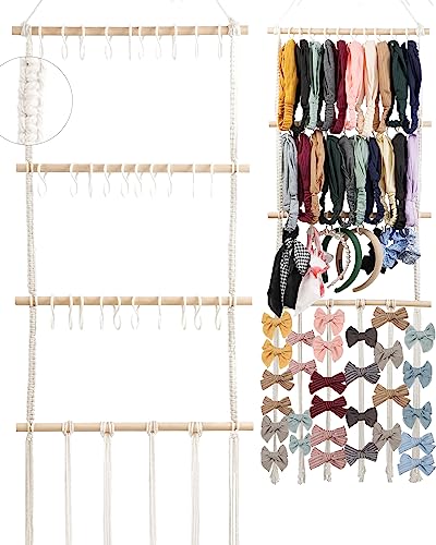 MoHern Headband Bow Holder Organizer for Girls, Baby Hair Bows Hanger with 30 Hooks, Hair Clip Accessories Storage Macrame Rack Boho Wall Hanging Decor for Nursery Room