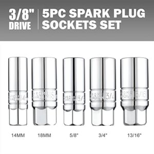 DNA MOTORING 5-Pcs 3/8-inch Drive Spark Plug Socket Set - 5/8" 3/4", 13/16", 14mm, 18mm, SAE & Metric, Cr-V,TOOLS-00152