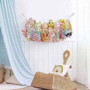 stuffed animal net or hammock, macrame plush toy holder, large handmade wall hanging stuffed animal storage mesh, boho doll organizer hammock for kid's room, nursery, bedroom, playroom