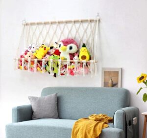 stuffed animal net or hammock,boho handmade cute stuffed animals storage for hanging,toy storage organizer for kids bedroom (beige 3)