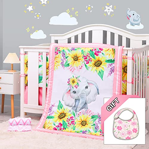 Honkaii Elephant Crib Bedding Set 4-Piece, Baby Nursery Bedding Sets Including Crib Quilt, Crib Skirt, Crib Sheet, Baby Blanket, Pink Crib Sets for Girls