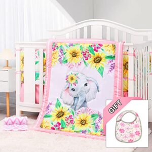 Honkaii Elephant Crib Bedding Set 4-Piece, Baby Nursery Bedding Sets Including Crib Quilt, Crib Skirt, Crib Sheet, Baby Blanket, Pink Crib Sets for Girls