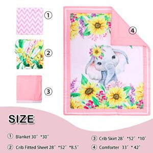 Honkaii Elephant Crib Bedding Set 4-Piece, Baby Nursery Bedding Sets Including Crib Quilt, Crib Skirt, Crib Sheet, Baby Blanket, Pink Crib Sets for Girls