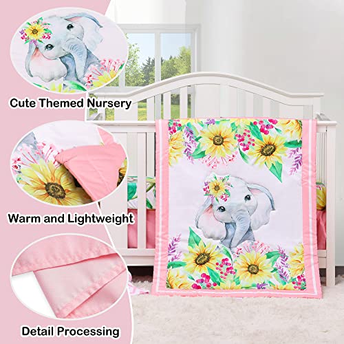 Honkaii Elephant Crib Bedding Set 4-Piece, Baby Nursery Bedding Sets Including Crib Quilt, Crib Skirt, Crib Sheet, Baby Blanket, Pink Crib Sets for Girls