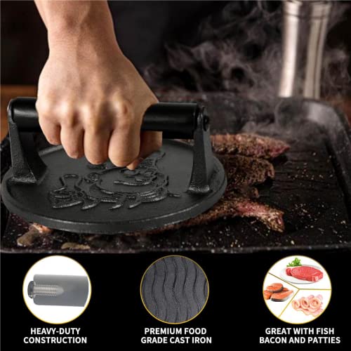 Smash Burger Press-Heavy Duty Hamburger Press with Heat Insulation Handle-6 Inch Cast Iron Burger Smasher,Bacon Press,Sandwich Press-Round Grill Press for Griddle-50 PC Burger Press Patty Paper