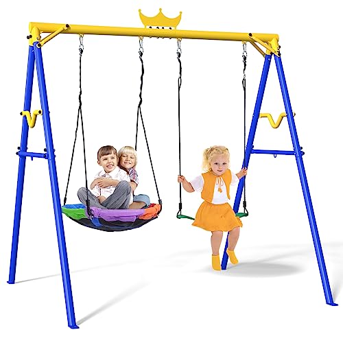 Yohood Swing Sets for Backyard, 440lbs Swing Set Outdoor for Kids, Heavy Duty Frame with U-Shape Design Swingset for Kids, Outdoor Playset with 1 Saucer Swing Seat and 1 Belt Swing Seat(Blue)