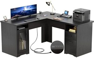 unikito l shaped desk with drawers, 60 inch corner computer table with power outlet & usb charging port, large office desk with file cabinets, 2 person executive desk with storage cabinet, black