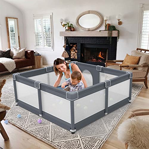 Baby Playpen 51" X 51", Playpen for Babies and Toddlers,Large Play Pen with Gate,LUTIKIANG Play Yard for Baby,Sturdy Safety Baby Fence with Soft Breathable Mesh,Small Baby Playard with Anti-Slip Base