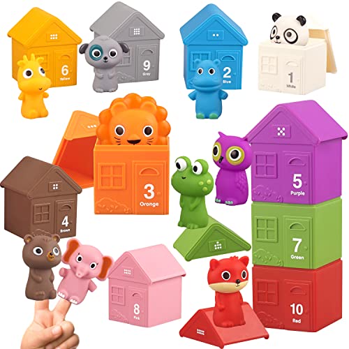 20 Pcs Farm Animals Toys for Toddlers 1-3 3-5 Kids Toys, Toddler Toys Ages 2-4 with Animal Finger Puppets and Barn Counting, Matching, Sorting & Stacking Toys, Birthday Gifts for Boys Girls