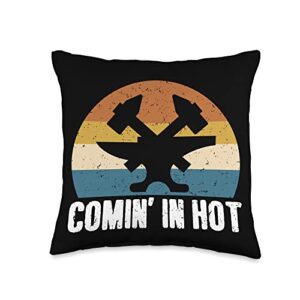 funny blacksmith shirt and forging supplies comin' in hot vintage blacksmithing forging throw pillow, 16x16, multicolor