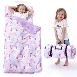borpres toddler nap mat-nap mats for preschool daycare boys girls,kids sleeping mat with removable pillow and blanket,extra thick large slumber bag for travel camping,unicorn.