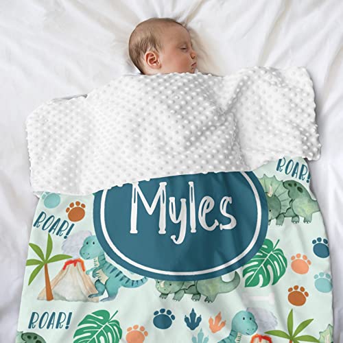 Dinosaur Custom Baby Blanket with Name Personalized Baby Blankets for Boys Girls Toddler Blanket Newborn Super Soft Comfy Patterned Minky with Double Layer Dotted Backing 35 x 45 Inch