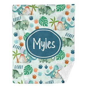 Dinosaur Custom Baby Blanket with Name Personalized Baby Blankets for Boys Girls Toddler Blanket Newborn Super Soft Comfy Patterned Minky with Double Layer Dotted Backing 35 x 45 Inch