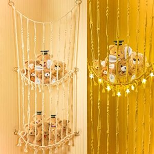 stuffed animal toy storage hammock net, aahggba toy organizers with led light and hanging mesh for stuffed animals in wall corner, neatly organizing toys while great decor for playroom and bedroom