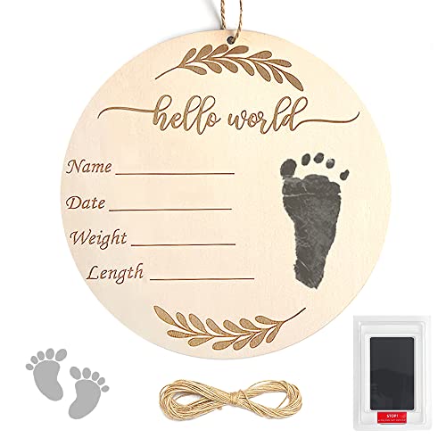 Wooden Baby Announcement Sign, hello world newborn sign, Birth Announcement Sign with Ink Pad, Baby Name Announcement Sign Newborn for Nursery Gift Baby Photo Prop Shower Keepsakes (Brown)