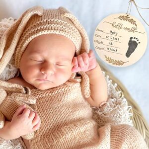 Wooden Baby Announcement Sign, hello world newborn sign, Birth Announcement Sign with Ink Pad, Baby Name Announcement Sign Newborn for Nursery Gift Baby Photo Prop Shower Keepsakes (Brown)