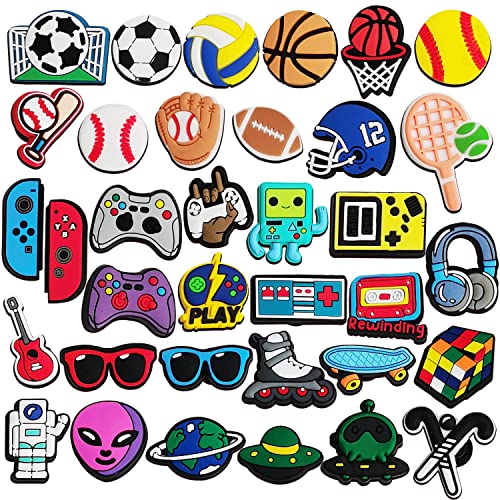 IOKUKI Croc Charms for Boys, 35 PCS Croc Charms for Teens, Basketball Football Soccer Volleyball Baseball Croc Charms, Video Game,Astronaut and Sports Croc Pins for Boys