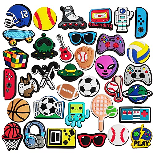 IOKUKI Croc Charms for Boys, 35 PCS Croc Charms for Teens, Basketball Football Soccer Volleyball Baseball Croc Charms, Video Game,Astronaut and Sports Croc Pins for Boys