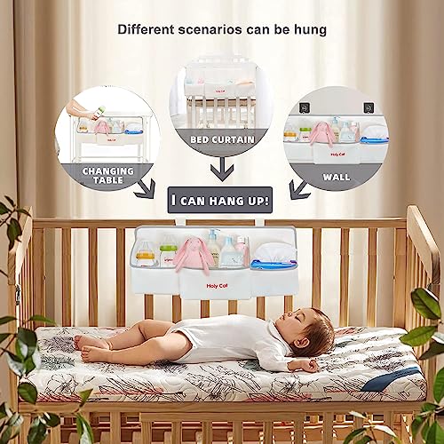 Holy Cat Hanging Baby Diaper Caddy Organizer with Paper Pocket for Changing Table Crib Playard Organization Nursery Organization Hanging Nursery-white