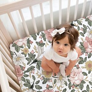 Sweet Jojo Designs Blush Pink Yellow Vintage Floral Boho Girl Baby Fitted Crib Sheet Set Infant Newborn Nursery Toddler Bed Room Standard Mattress 2pc Bohemian Shabby Chic Flower Farmhouse Sage White