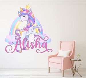 unicorn wall decal - custom name wall decals - magic rainbow wall art sticker - nursery wall decor - personalized mural kids girls bedroom