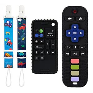 kpblis baby teether toys, 2 pcs remote control shape teething toys and phone shaped teether for baby, silicone teethers for babies 6-12 months, early educational sensory toy - black,black
