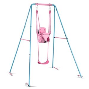 kiriner swing set outdoor swings for kids toddlers with waterproof metal a-frame, 4 anchors, two swing seats swing sets for backyard playground pink&blue