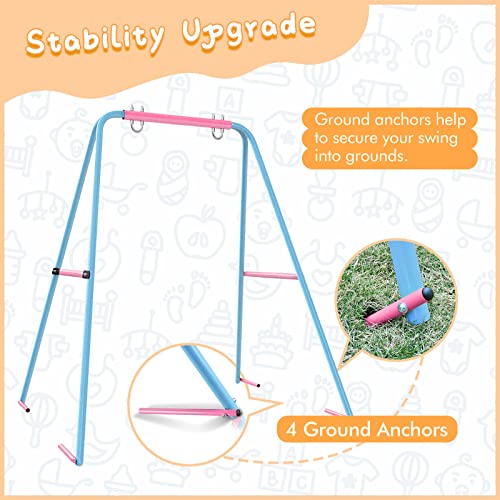 Kiriner Swing Set Outdoor Swings for Kids Toddlers with Waterproof Metal A-Frame, 4 Anchors, Two Swing Seats Swing Sets for Backyard Playground Pink&Blue