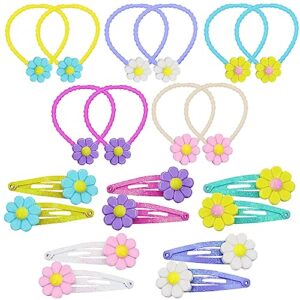 pinksheep flower hair accessory for toddler baby girls 10pack/20pcs clips and hair ties for kids cute hair clips metal snap barrettes hair ties soft rubber bands colorful for baby girl