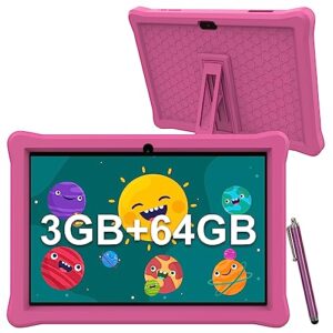 hottablet 10 inch tablet for kids 3gb ram 64gb rom kids tablet, android 12 tablet with case, toddler tablet pc wifi, parental control, dual camera, educational tablets with silicone case (pink)
