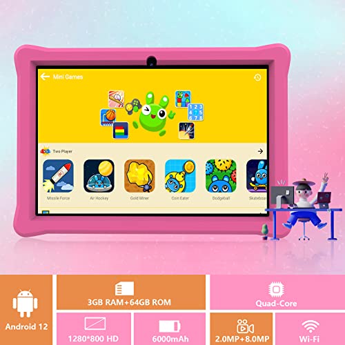 HOTTABLET 10 inch Tablet for Kids 3GB RAM 64GB ROM Kids Tablet, Android 12 Tablet with Case, Toddler Tablet PC WiFi, Parental Control, Dual Camera, Educational Tablets with Silicone Case (Pink)