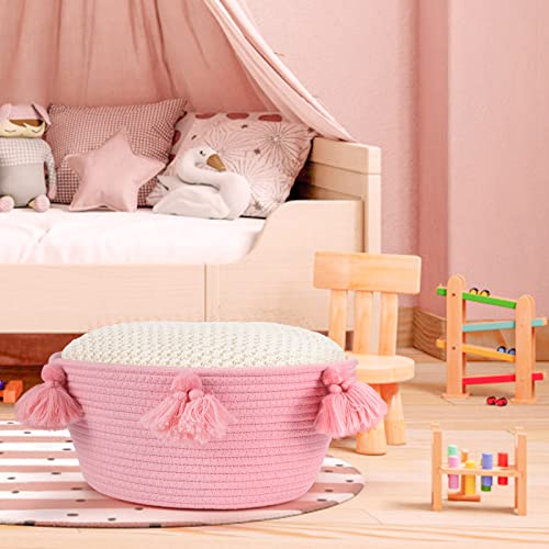 Sarmyarc Cotton Rope Basket Boho Woven Basket Cute Round Closet Storage Bins Organizer with Macrame Tassel for Baby Toys Diaper Dog’s Toys Storage Organizer Nursery Decor (pink)