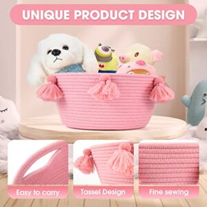 Sarmyarc Cotton Rope Basket Boho Woven Basket Cute Round Closet Storage Bins Organizer with Macrame Tassel for Baby Toys Diaper Dog’s Toys Storage Organizer Nursery Decor (pink)