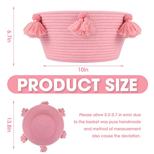 Sarmyarc Cotton Rope Basket Boho Woven Basket Cute Round Closet Storage Bins Organizer with Macrame Tassel for Baby Toys Diaper Dog’s Toys Storage Organizer Nursery Decor (pink)