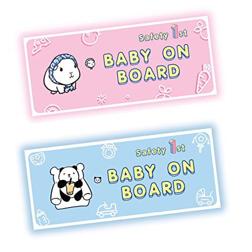 Stellar Panda Kawaii Baby on Board Magnet for Car (2 Pcs), Baby in Car Sign High Intensity Reflective Safety 1st Warning Signs (Pink/Blue)