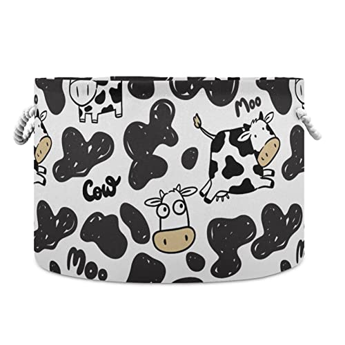 Round Storage Basket Bin Cute Doodle Cow Collapsible Waterproof Laundry Hamper Baby Nursery Basket Organizer with Handles for Bedroom Closet Toys Gifts