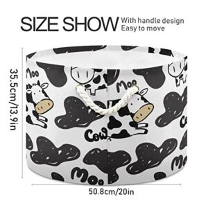 Round Storage Basket Bin Cute Doodle Cow Collapsible Waterproof Laundry Hamper Baby Nursery Basket Organizer with Handles for Bedroom Closet Toys Gifts