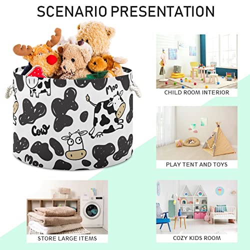 Round Storage Basket Bin Cute Doodle Cow Collapsible Waterproof Laundry Hamper Baby Nursery Basket Organizer with Handles for Bedroom Closet Toys Gifts