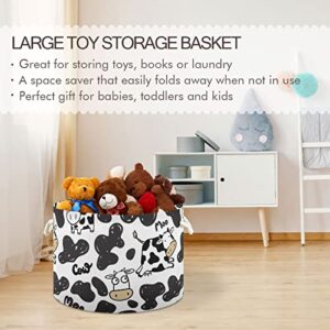 Round Storage Basket Bin Cute Doodle Cow Collapsible Waterproof Laundry Hamper Baby Nursery Basket Organizer with Handles for Bedroom Closet Toys Gifts