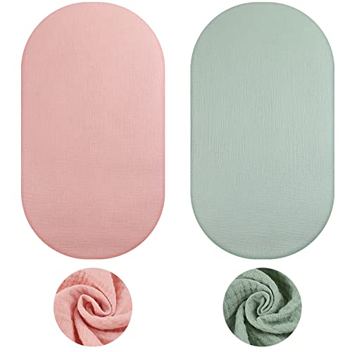 Mixweer 2 Pieces Bassinet Sheet for Boys and Girls Cotton Fitted Sheet Unisex Bassinet Mattress Sheets for Bassinets Baby Cradle Moses Basket Oval Rectangle Pad (Green, Pink,Muslin Cotton)