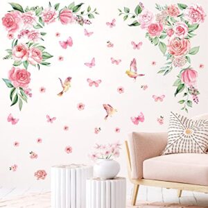 large peony flower wall stickers watercolor floral wall decals peel and stick hanging vine pink flower wall decals butterflies green leaves wall stickers for girls bedroom kids baby room nursery decor