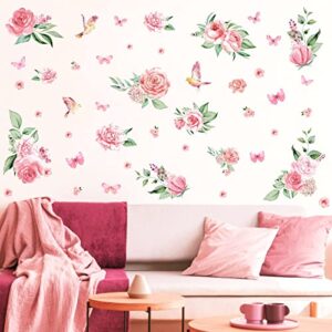 Large Peony Flower Wall Stickers Watercolor Floral Wall Decals Peel and Stick Hanging Vine Pink Flower Wall Decals Butterflies Green Leaves Wall Stickers for Girls Bedroom Kids Baby Room Nursery Decor