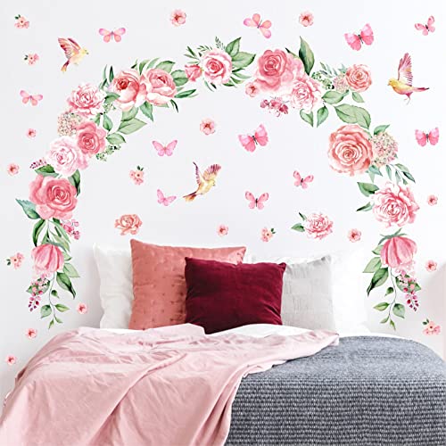 Large Peony Flower Wall Stickers Watercolor Floral Wall Decals Peel and Stick Hanging Vine Pink Flower Wall Decals Butterflies Green Leaves Wall Stickers for Girls Bedroom Kids Baby Room Nursery Decor