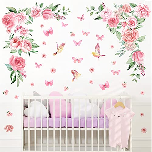 Large Peony Flower Wall Stickers Watercolor Floral Wall Decals Peel and Stick Hanging Vine Pink Flower Wall Decals Butterflies Green Leaves Wall Stickers for Girls Bedroom Kids Baby Room Nursery Decor