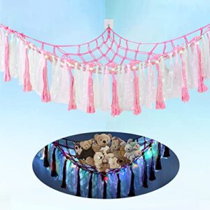 stuffed animal net or hammock, stuffed animal storage with led light, mesh hammock plush toy organizer boho decor with tassel & hooks for nursery playroom bedroom kids room