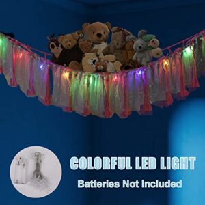 Stuffed Animal Net or Hammock, Stuffed Animal Storage with LED Light, Mesh Hammock Plush Toy Organizer Boho Decor with Tassel & Hooks for Nursery Playroom Bedroom Kids Room