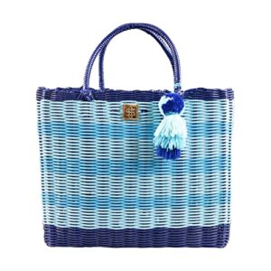 simply southern key largo tote | womens woven tote bag (blue stripe, small)