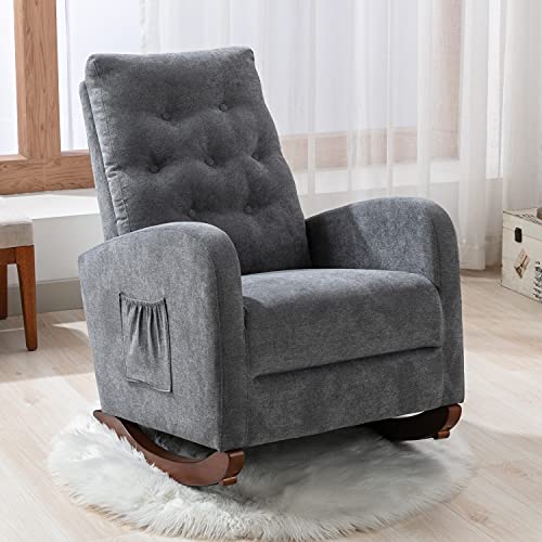 Rocking Chair Glider Chair for Nursery Comfortable Rocker Fabric Padded Seat with Side Pocket Upholstered Rocking Chairs with High Back for Living Room Baby Kids Room Bedroom (Dark Grey)