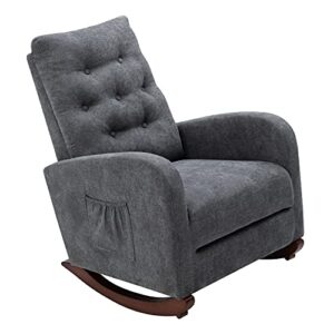 Rocking Chair Glider Chair for Nursery Comfortable Rocker Fabric Padded Seat with Side Pocket Upholstered Rocking Chairs with High Back for Living Room Baby Kids Room Bedroom (Dark Grey)